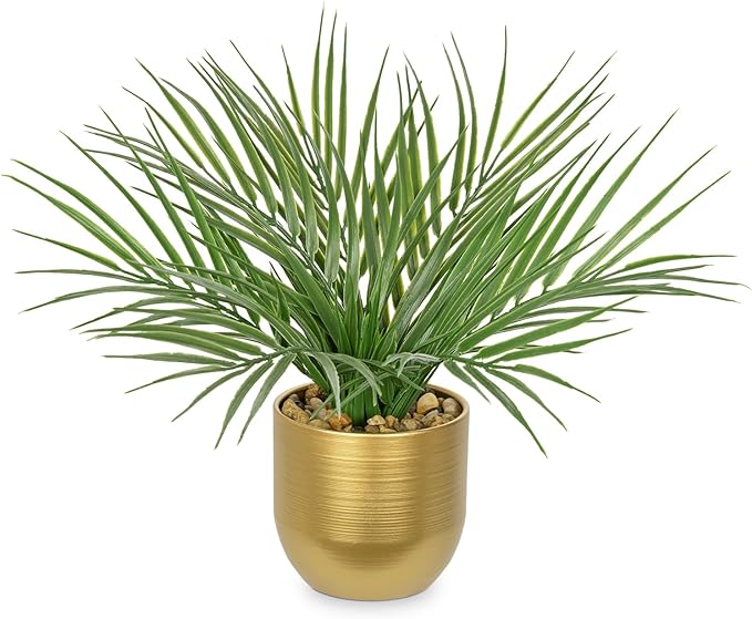 Hollyone Large Artificial Potted Plants Fake Palm Plants 13" Faux Tropical Palm Plant Tree in Gold Metal Pots for Home Room Office House Indoor Decoration