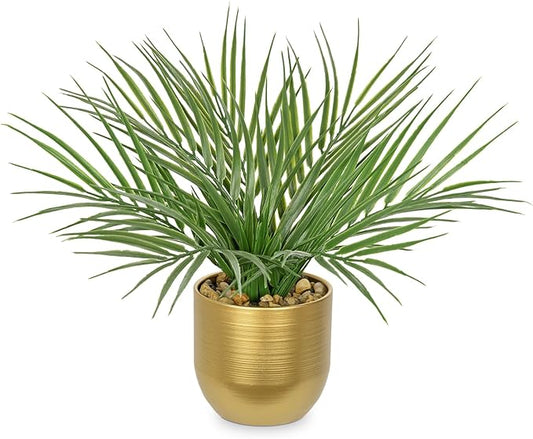 Hollyone Large Artificial Potted Plants Fake Palm Plants 13" Faux Tropical Palm Plant Tree in Gold Metal Pots for Home Room Office House Indoor Decoration