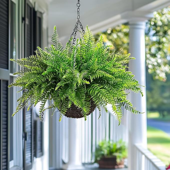 QIANYUN 1PCS Fake Hanging Plant- Boston Ferns UV Resistant Plastic Plants for Bedroom Living Room Garden Decor- Including Hanging Planters (Persian-Green)