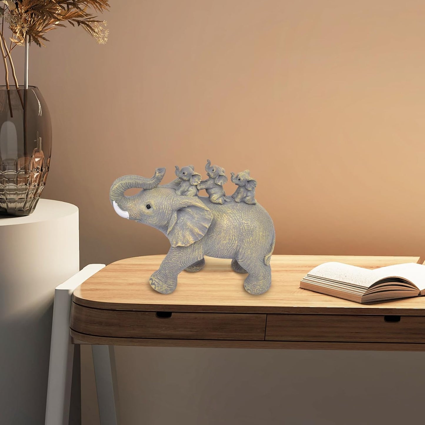 Cute Good Luck Elephant Home Décor Statues Carries Three Calves on Its Back Figurines for Shelf Elephant Lovers Decoration for Bedroom, Office (Yellow)