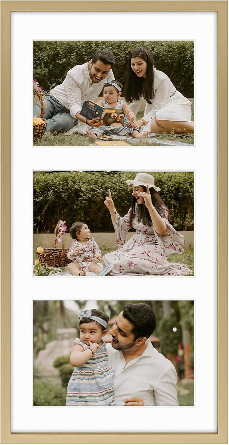 Frametory - 7x14 Aluminum Collage Picture Frame - Display 4x6 Pictures with 3 Openings Mat - Real Glass Front - Horizontal/Vertical Wall Mount - Gold 1 Pack