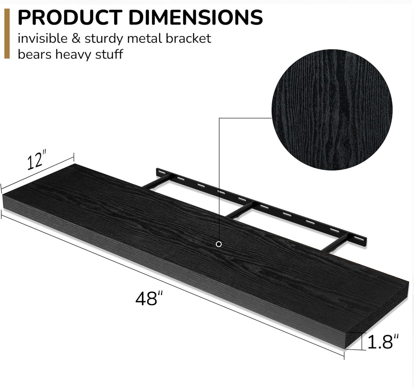 Fun Memories Floating Shelves - 12 Inch Rustic Wooden Wall Shelves - Extra Deeper & Thicker Wall Mounted Storage Shelf for Living Room, Kitchen, Farmhouse - 48" W x 12" D x 1.8" H - Rustic Black