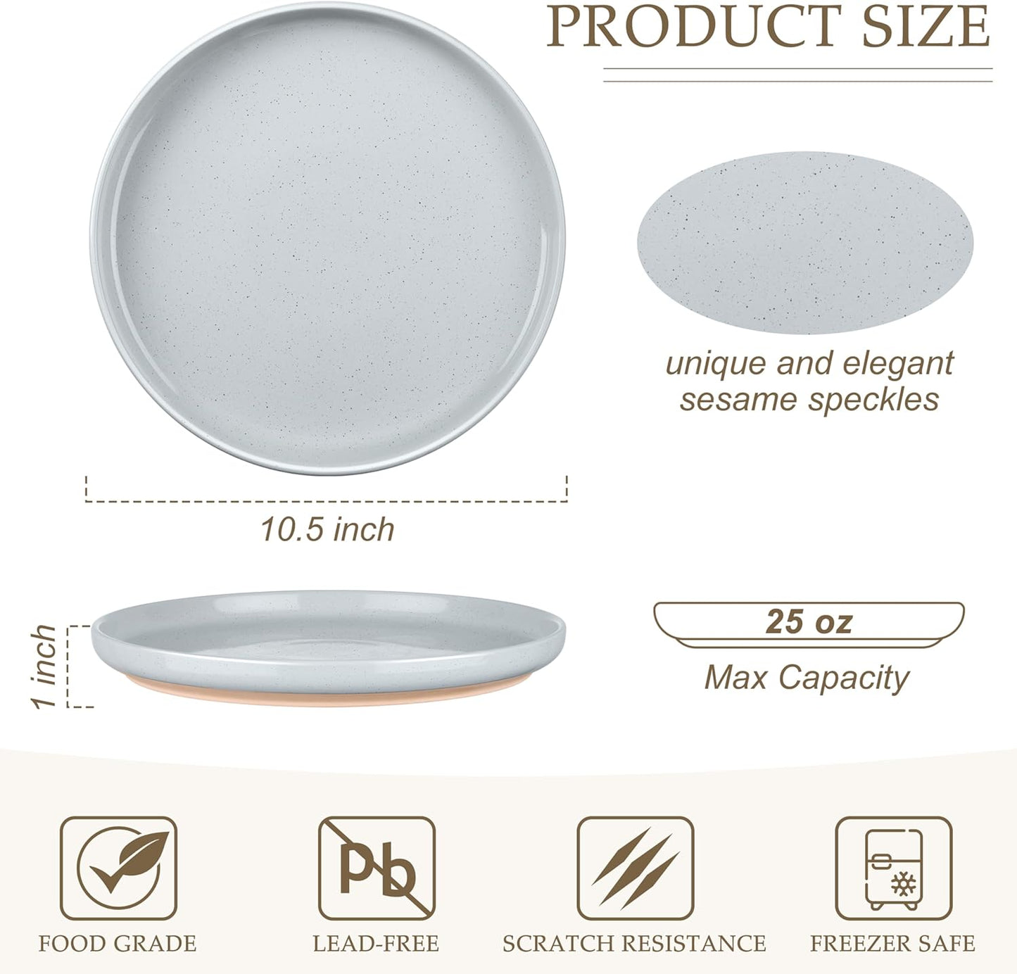 LIANYU 6Pcs Stoneware Dinner Plates, 10.5 Inch Large Porcelain Plates Set, Kitchen Ceramic Serving Dishes Set for Dining, Microwave, Oven & Dishwasher Safe, Scratch Resistant, Glacier Gray