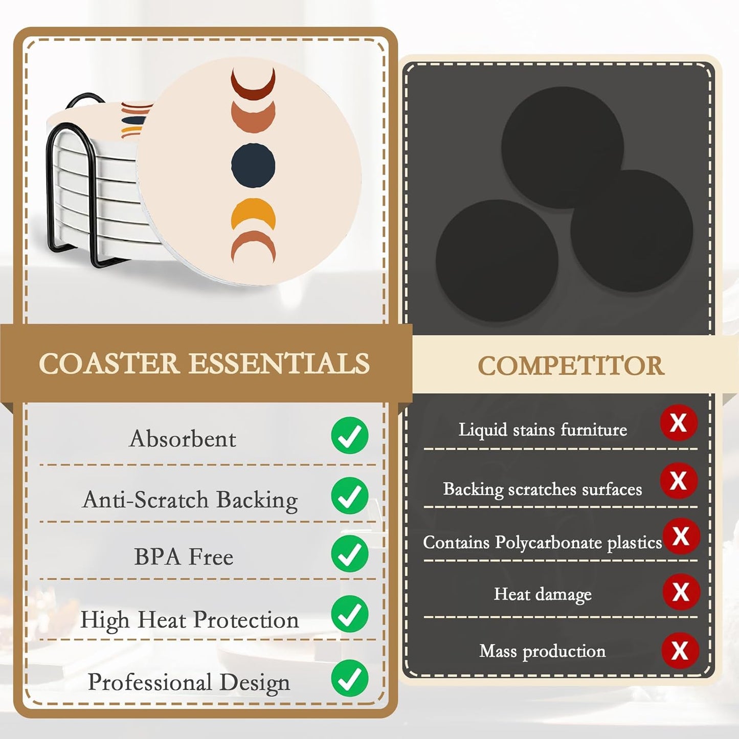 Drink Coasters with Holder,6 Pcs Boho Minimalist Sun Moon Design, Water-Absorbent Beverage Pads for Dining Table Decor & Glass Protection