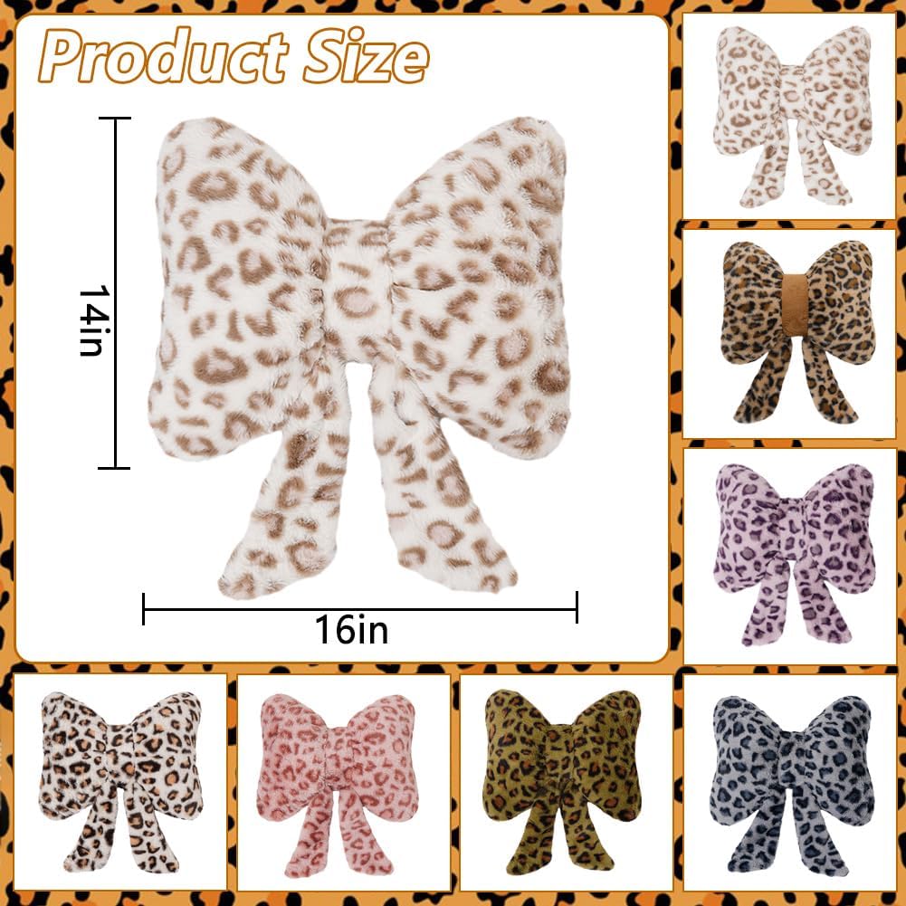 Leopard Print Throw Pillow Furry Bow Plush Pillows Cute Flower Plush Pillow Cheetah Home Decor Stuffed Bow Lumbar Pillow for Bed Couch Living Room Decor (White-A, 16in)