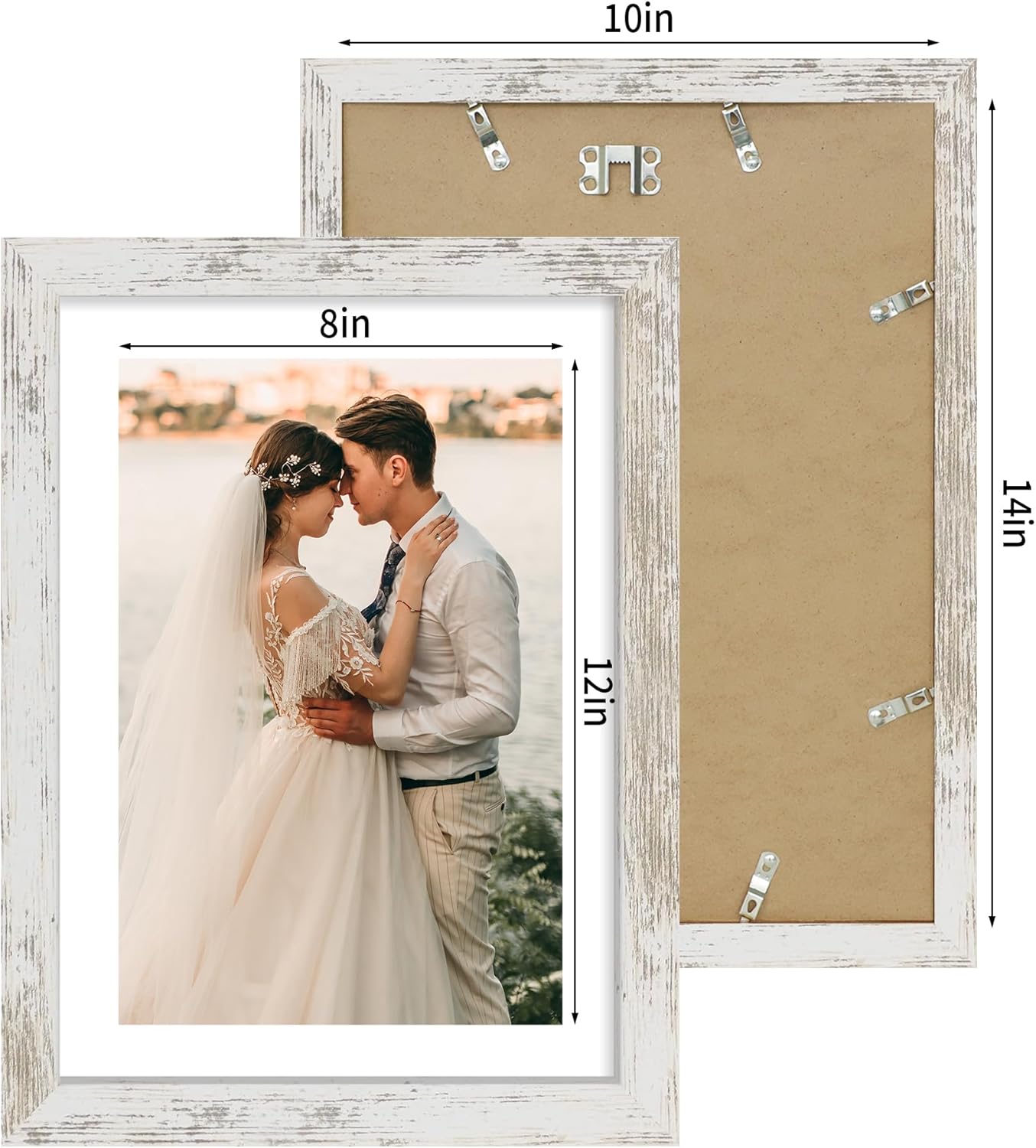 iRahmen 10x14 Picture Frame Set of 2 with Tempered Glass, Distressed White Wood Photo Frames Display 8x12 Picture Frame with Mat or 10 x 14 Without Mat for Horizontal or Vertical Wall Mounting