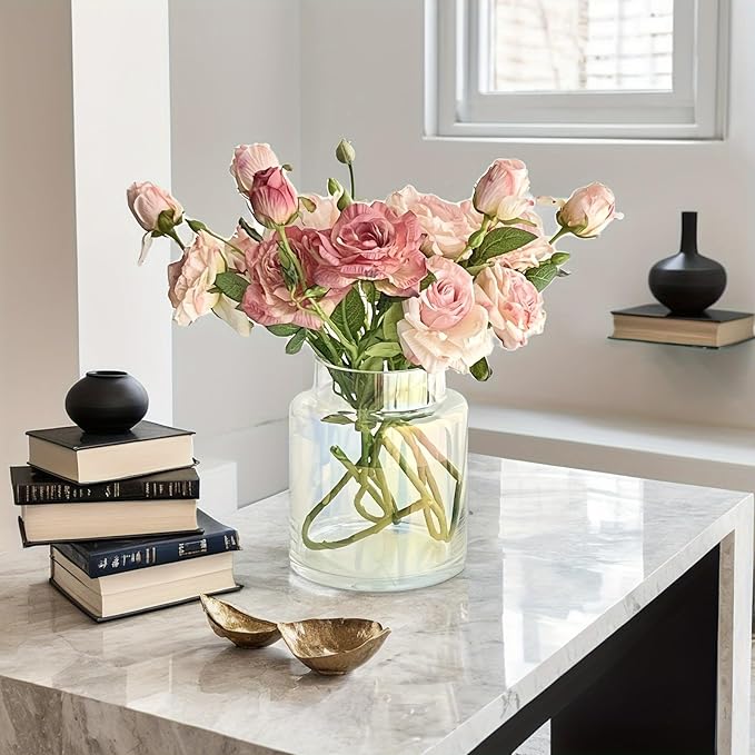 BLOFLO Iridescent Glass Vase, 7 Inch Large Glass Vase for Flowers, Modern Thick Glass Flower Vases for Centerpieces, Decorative Glass Cylinder Hydroponic Vase for Wedding, Home, Office