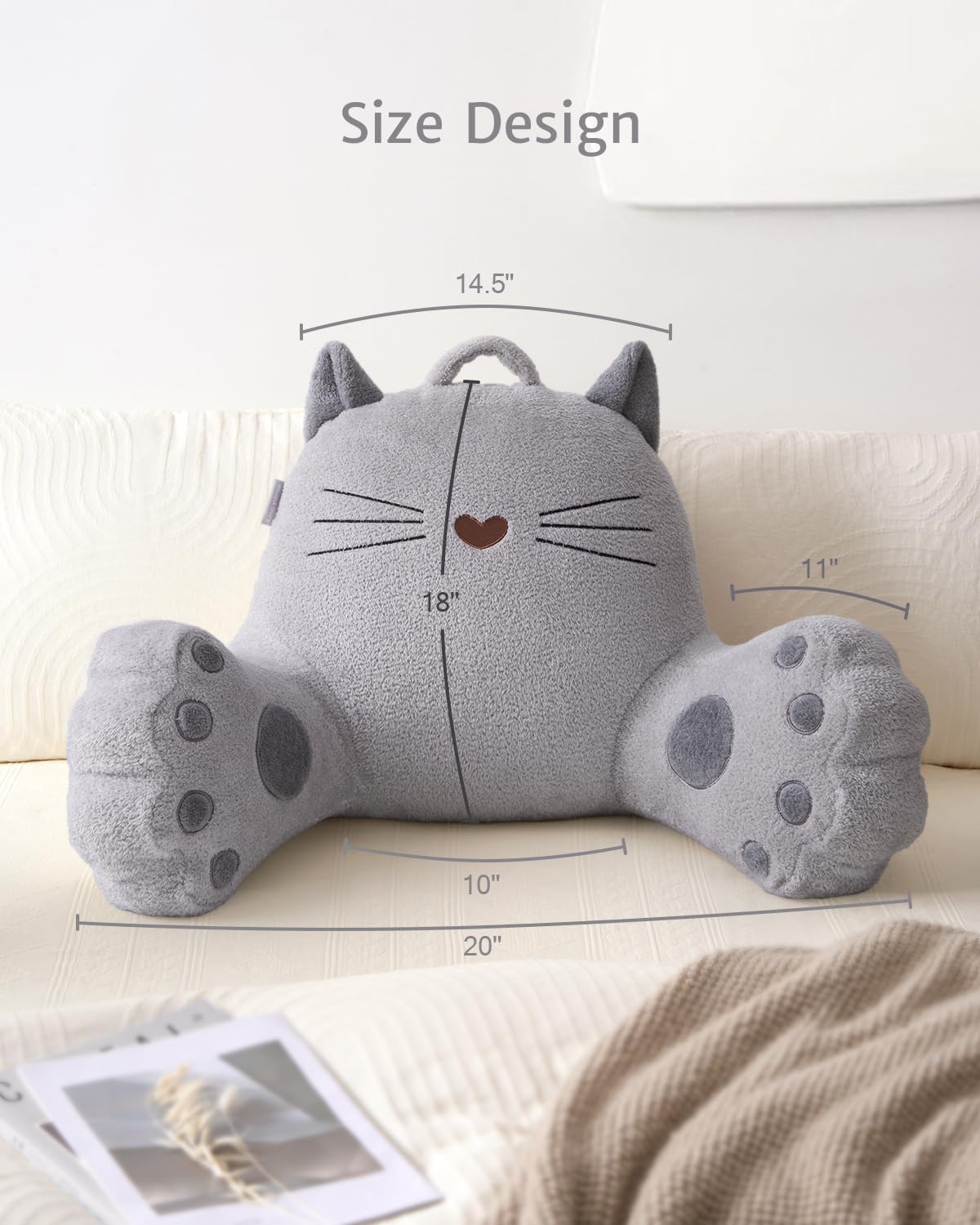 Blissful Diary Kitty Reading Pillow for Kids/Teens/Adults, Back Rest Pillow for Sitting Up in Bed with Shredded Memory Foam, Includes Arms and Washable Cover, Light Gray