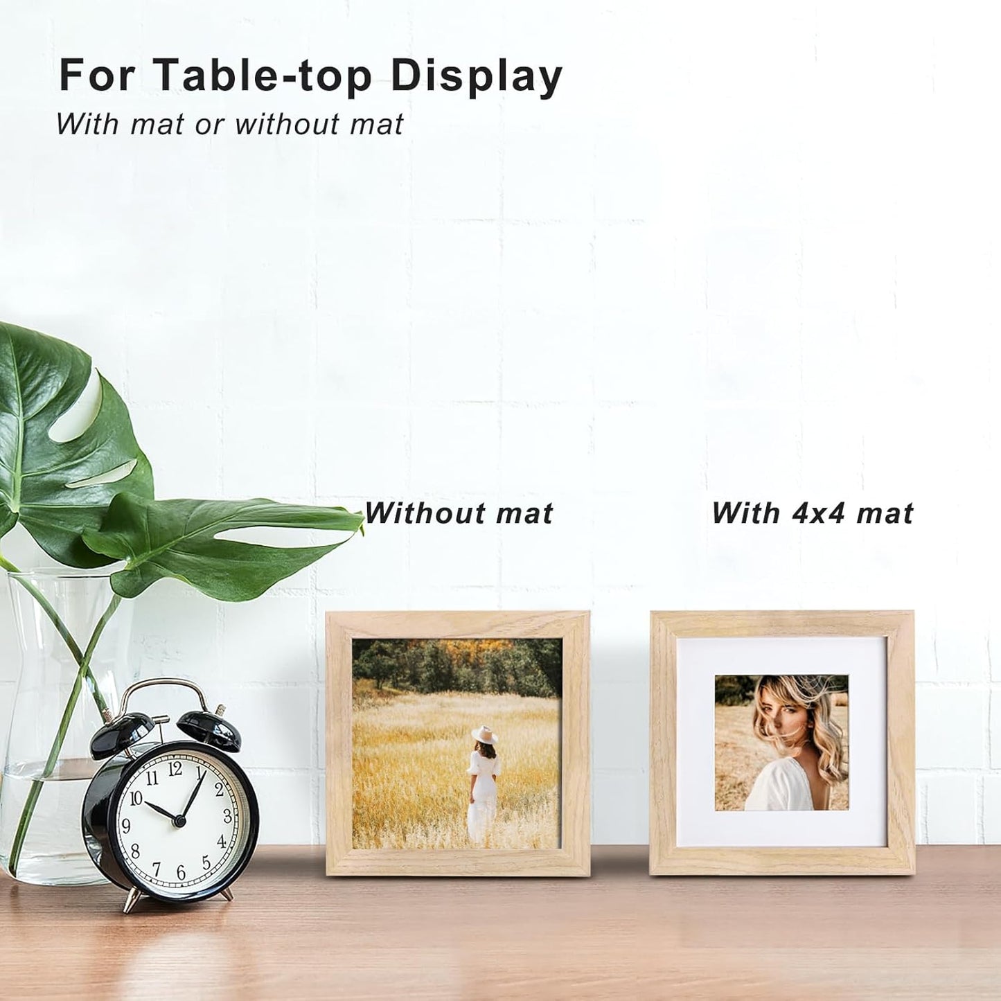 KINLINK 6x6 Picture Frame, Natural Square Solid Wood Frames for Pictures 4x4 with Mat or 6x6 without Mat, Wall and Tabletop Display Photo Frames Natural Wood 4 Pack