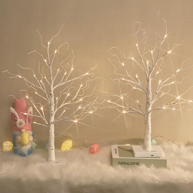 White Birch Tree with LED Lights, Christmas Decorations Lighted Tree for Tabletop, Battery Operated 24 LED Warm White Tree, 2FT Mini Small Christmas Tree Indoor Home Christmas Decor (2 Pack, Timer)
