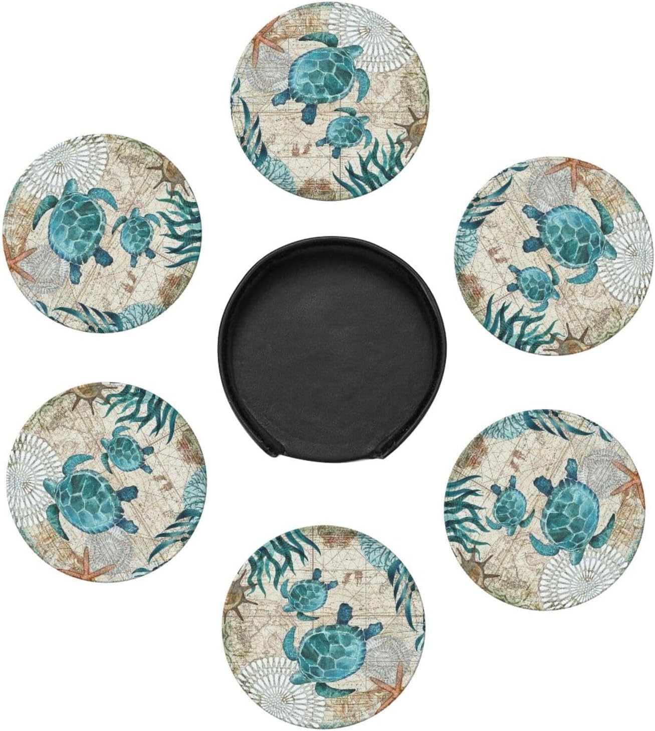 Drink Coasters with Holder Stand Set of 6, Sea Turtle Pu Leather Absorbent Coasters with Cork Base Table Coaster Round Coasters for Housewarming Apartment Kitchen Bar Decor