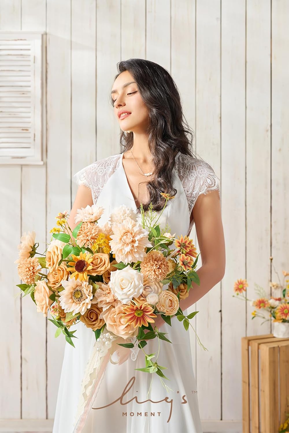 Ling's moment Sunflower Bridal Bouquet, Orange Wedding Bouquets for Bride, 15 Inch Silk Free Form Bridal Bouquets Artificial Wedding Flower Bouquet