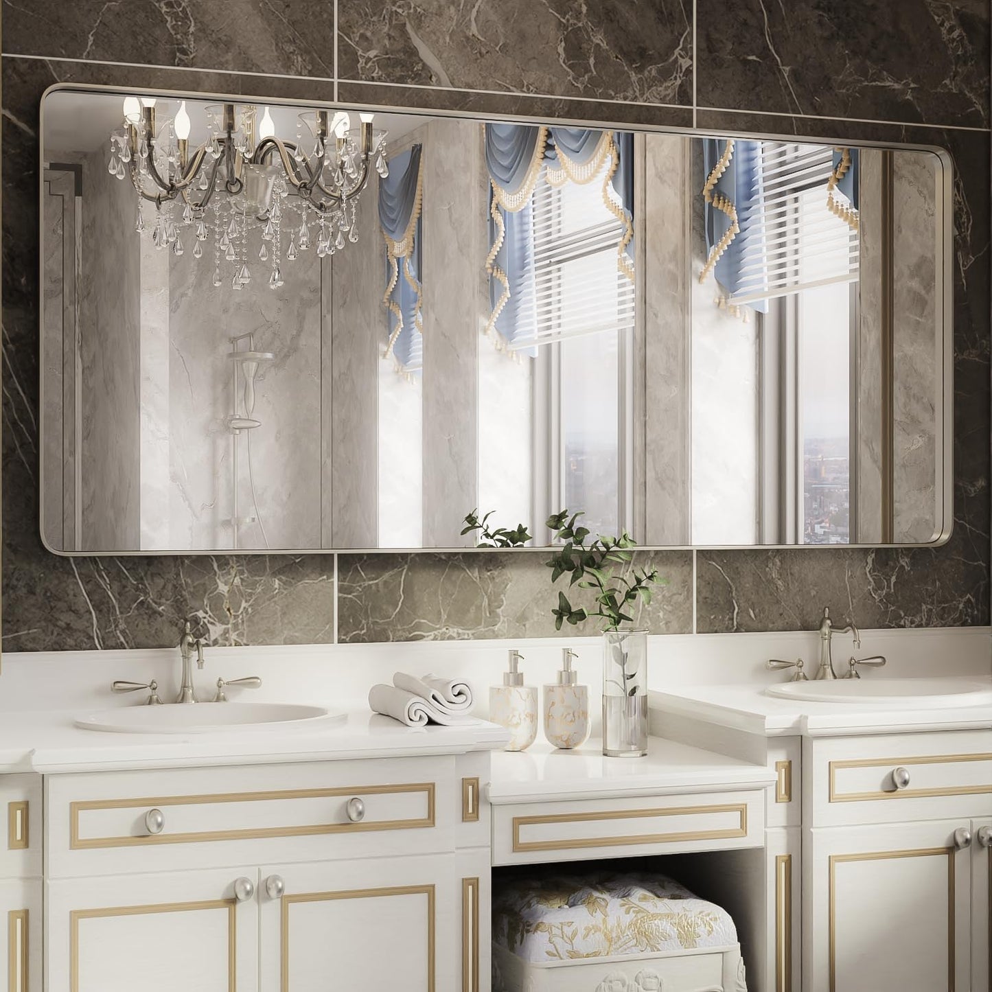 ISKM Large Bathroom Vanity Mirror, 72 x 32 Inch Mirror for Wall Brushed Silver Metal Frame Rectangular Wall Mounted Minimalist Farmhouse Home Decor Hangs Horizontal or Vertical