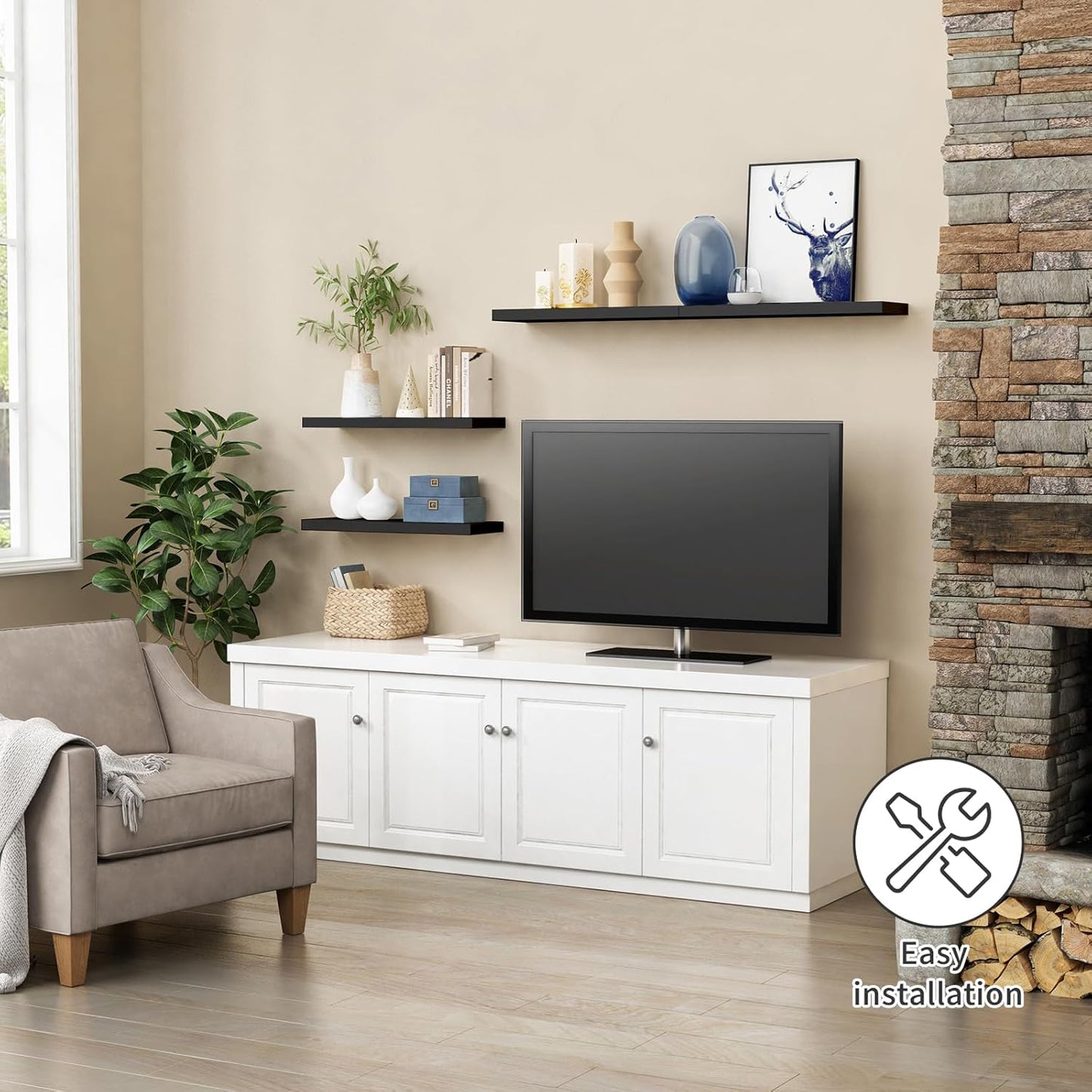 Forbena 24 Inch Long Black Floating Shelves for Wall, Large Wall Shelves for Living Room Decor Bedroom Books, Invisible Wall Mounted Shelves for Bathroom Office Closet TV Shoes - Set of 3