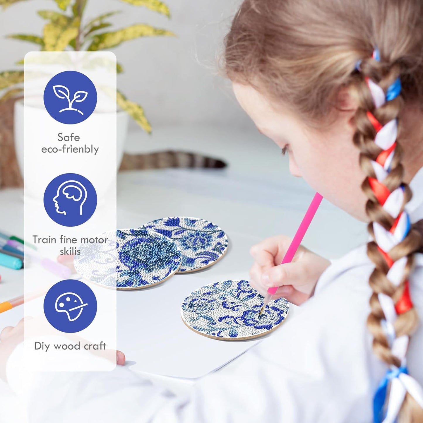 Blue Flower Diamond Art Coasters - 8 Pcs Diamond Painting Coasters Kits with Cork Base Home Table Decor DIY Crafts Party Supplies Mother's Day Birthday Gift for Adult Beginners