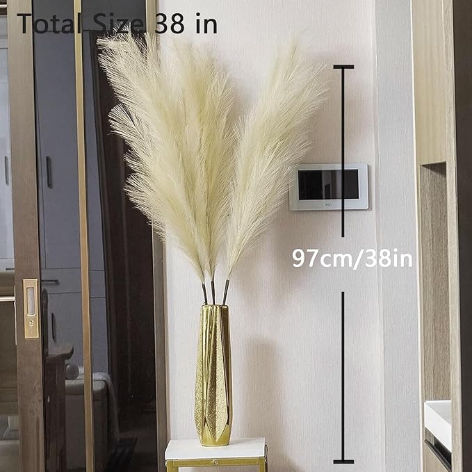 38" 10 Stems Faux Pampas Grass Decor - Tall Pampas Grass for Floor Vase, Boho Home Wedding Mothers Day Decoration (Beige)