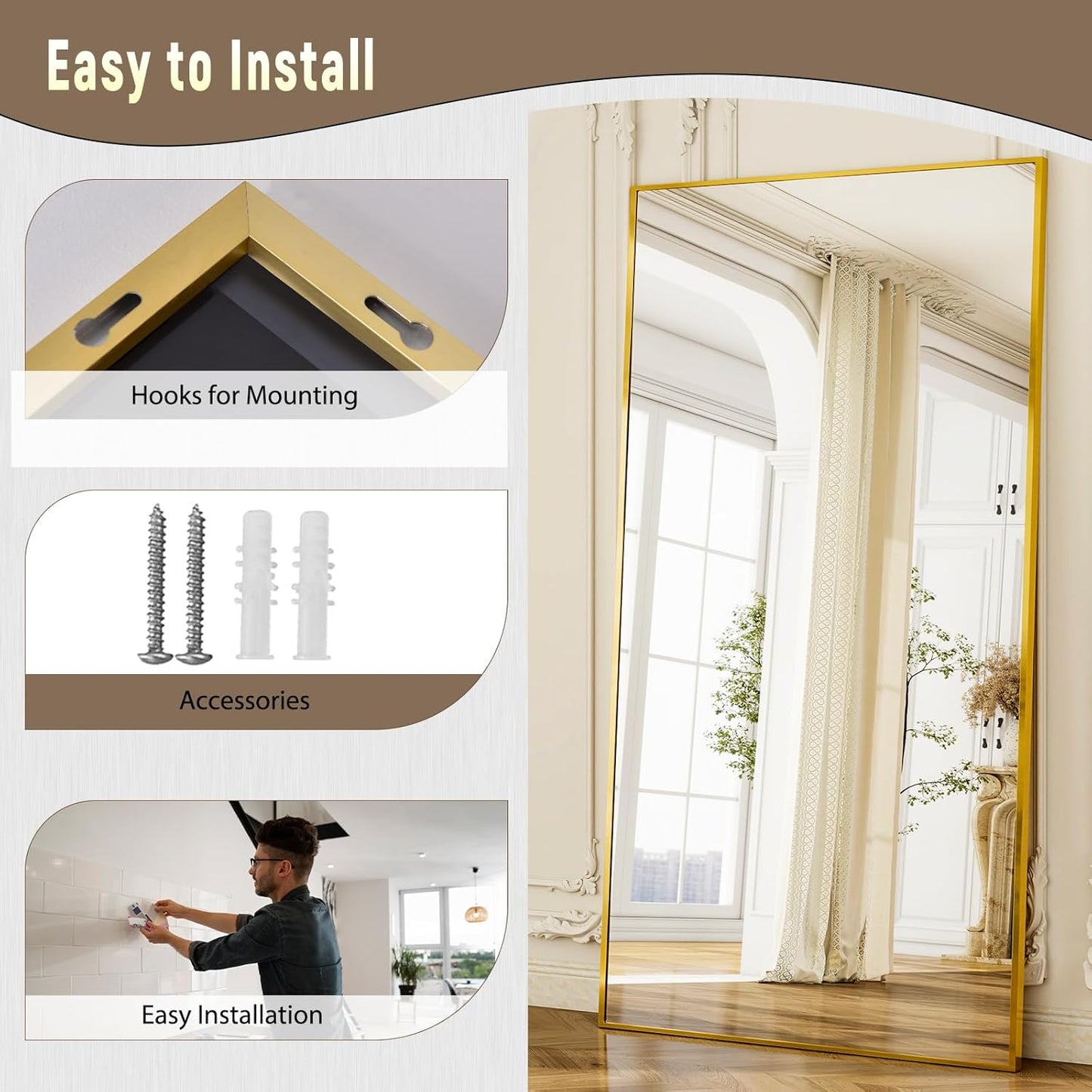 GLSLAND-38 x 77" Rectangular Full Length Mirror - Large Floor Mirrors Aluminum Alloy Frame Full Body Dressing Mirror for Bedroom, Living Room,Gold