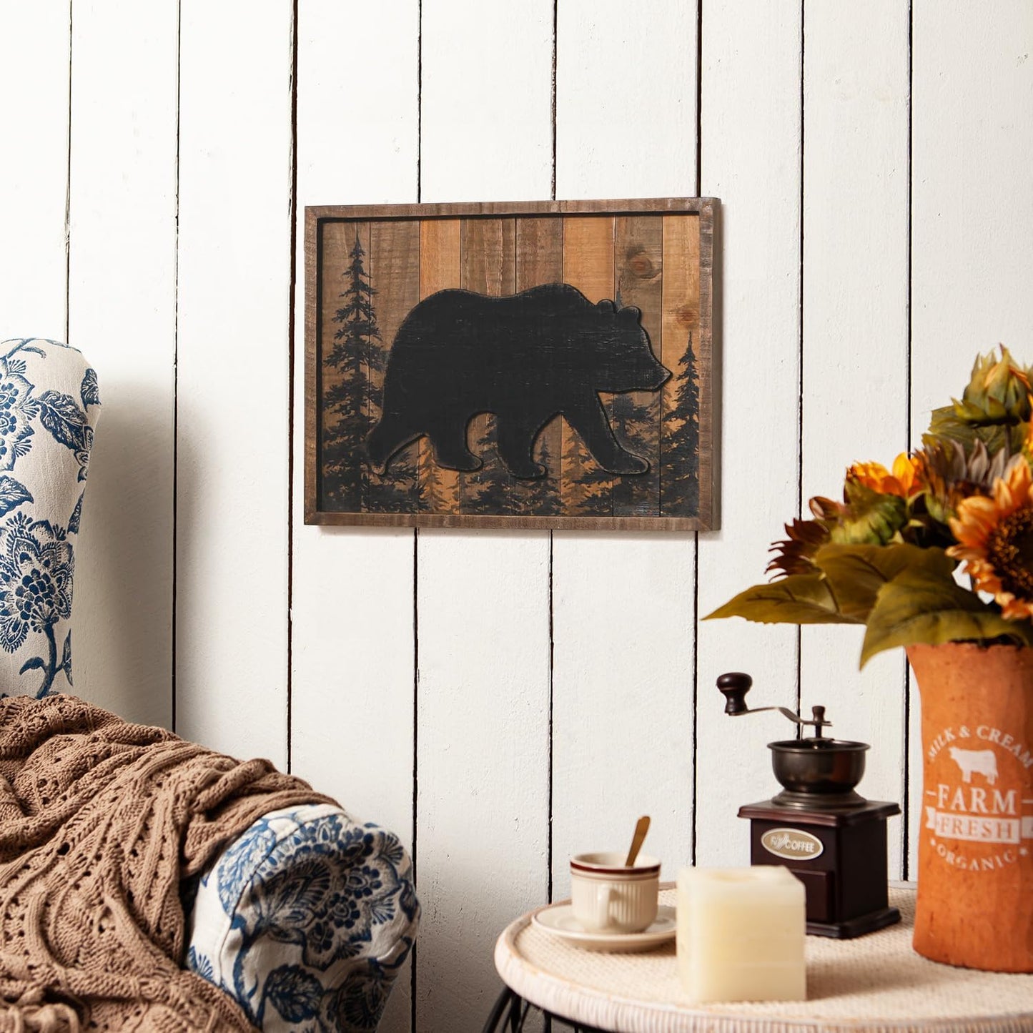 NIKKY HOME Cabin Wall Decor, 3D Bear Wood Forest Mountain Woodland Wildlife Lodge Animal Picture Art Bathroom Decor, 16 x 12 Inches