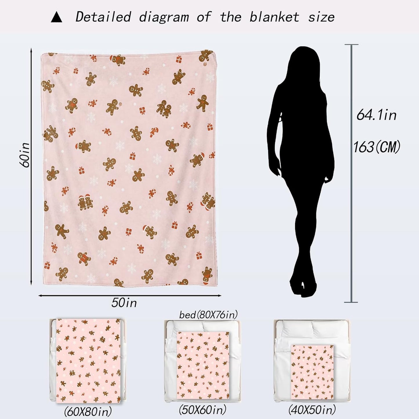 Gingerbread Man Christmas Decorative Throw Blanket,Candy Snowflake Print Decoration,Flannel Winter Pink Blankets for Couch Sofa,Holiday Decor,Xmas Festival Gifts for Girls Kids 60x80 Inch