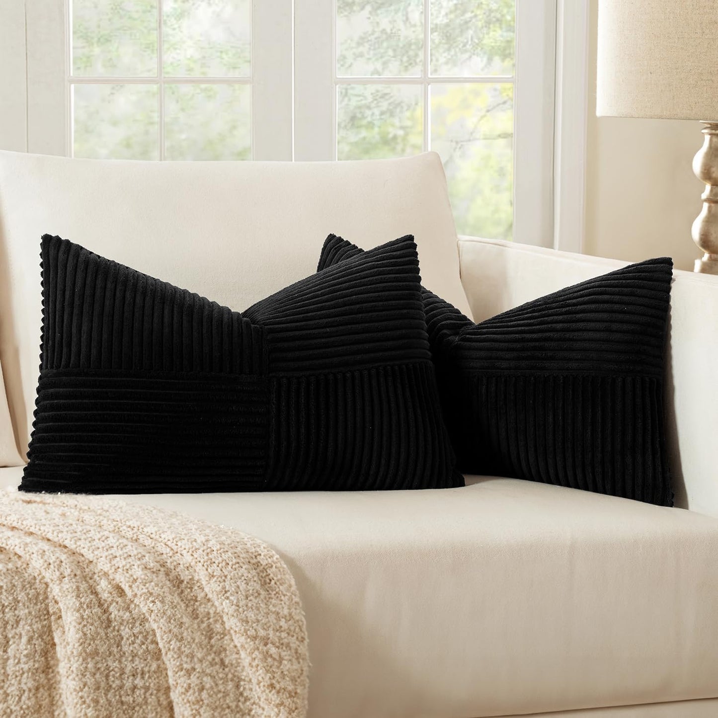 MIULEE Black Corduroy Pillow Covers Pack of 2 Boho Decorative Spliced Throw Pillow Covers Soft Solid Couch Pillowcases Cross Patchwork Textured Cushion Covers for Living Room Bed Sofa 14x22 inch