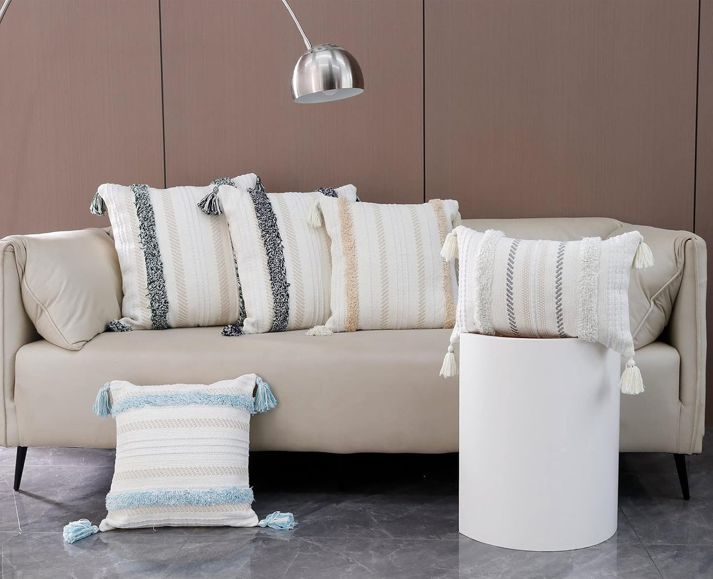 blue page Boho Tufted Throw Pillow Cover 24x24, Neutral Woven Decorative Square Pillow Case for Couch or Bed, Modern Farmhouse Accent, Yellowy Cream