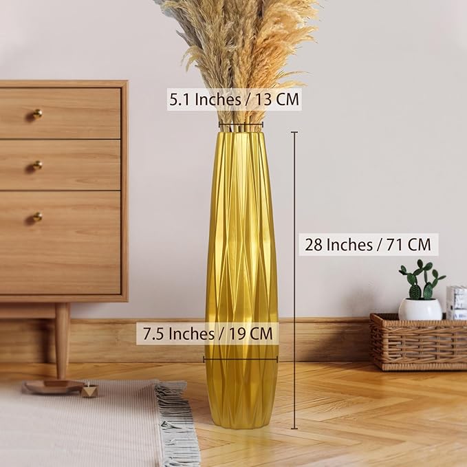 Gold Ceramic Tall Floor Vase,28 Inch Large Modern Flower Vases for Home Décor,Wicker Big Floor Vase Decorations for Farmhouse, Living Room,Bedroom,Standing Plastic Vase Decorative Tall