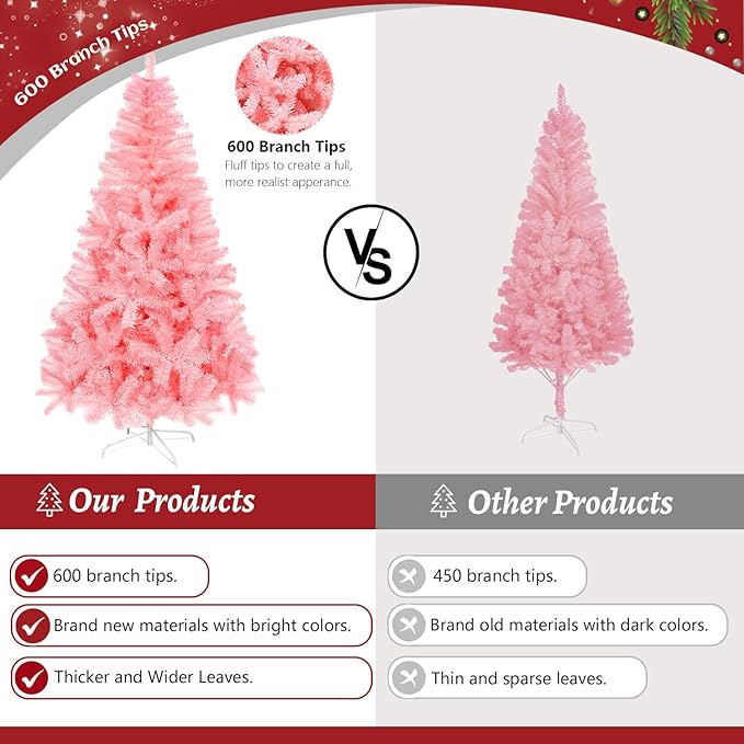 ULICO 5ft Artificial Pink Christmas Tree,Premium Spruce Xmas Tree with 600 Branch Tips, Fake Christmas Tree with Foldable Metal Base Stand,Home, Office,Party Decoration