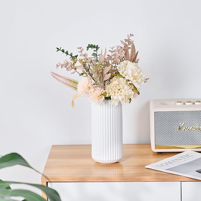 White Ceramic Flower Vase for Pampas Grass, 10 inch Large Decorative Centerpiece Ribbed Vase for Dining Table, Office Desktop, Shelf Bookshelf, Mantel, Entryway, Bathroom, Countertop, Farmhouse, Gift
