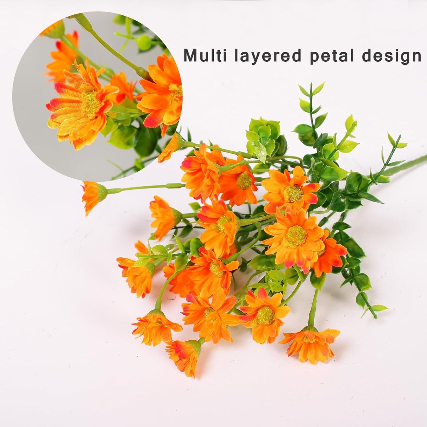 Fake Mums - Fall Marigold Flowers 8 Bundles Artificial Orange Daisy Flower Outside Plants for Home, Diwali Decor, Day of The Dead Decorations (Orange)