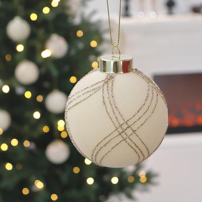 3.15INCH Beige Velvet Ornaments for Christmas Tree, 12PCS Glitter Flocked Christmas Ornaments Decorations Balls Set Decor