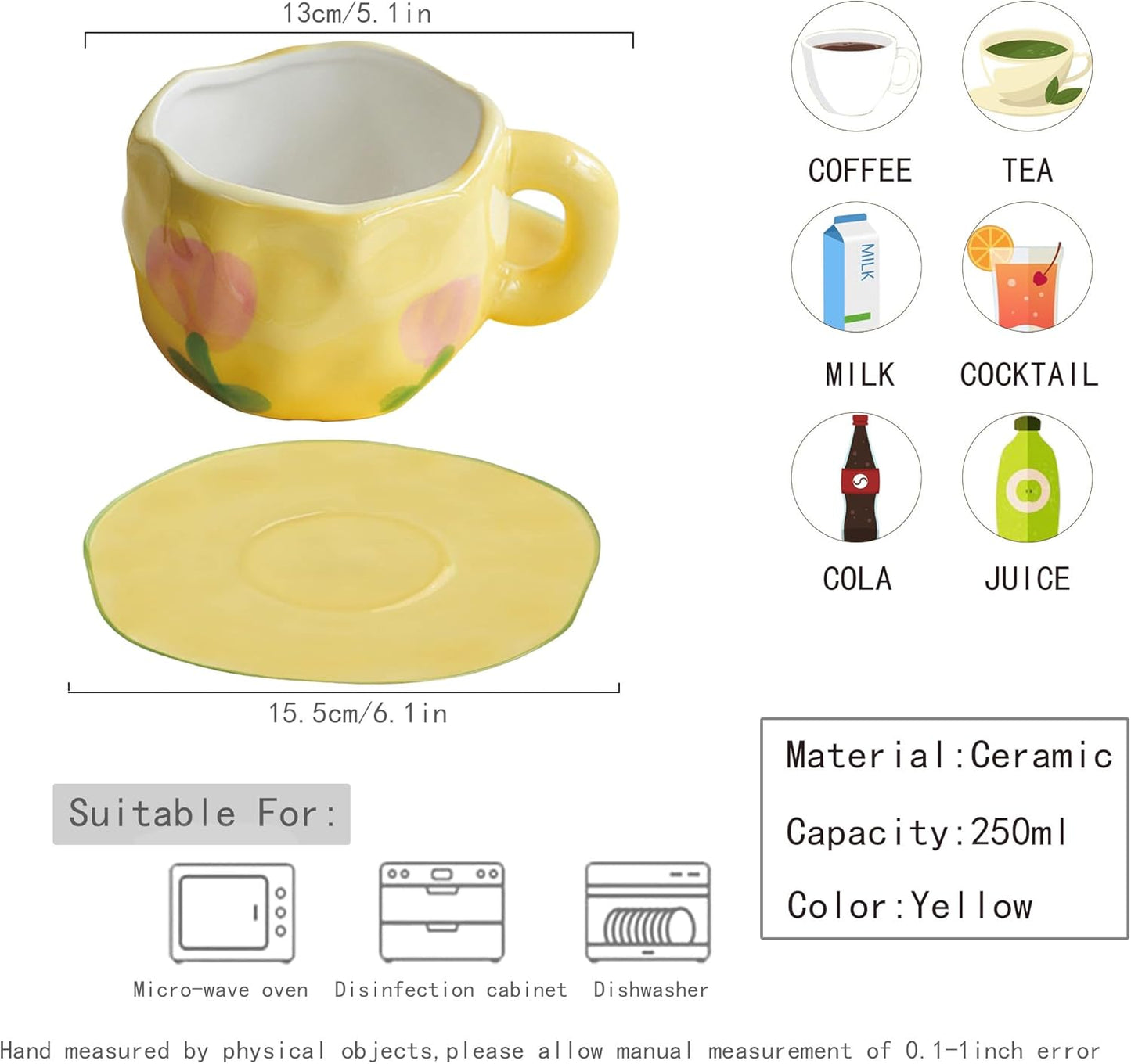 Coffee Mugs Set with Saucer Cute Yellow Tulip Cup Gifts Tea Coffee Mug 250 ML Ceramic Flowers Cup Birthday Gift for Women Girls Mom Friend Coffee Mug
