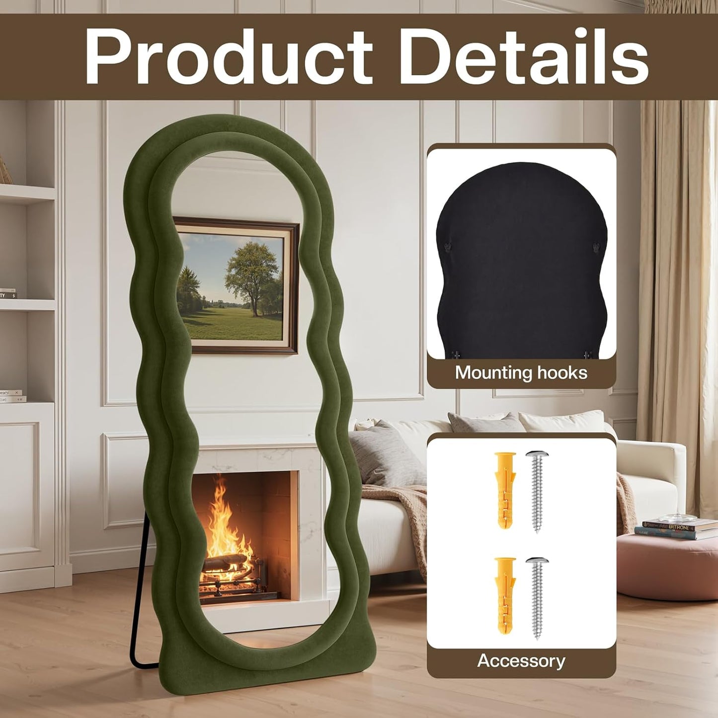 Full Length Mirror 71"x30" Irregular Wavy Full Body Wall Mounted Floor Mirror with Stand Green Flannel Frame Leaning Hanging Wall for Bedroom Entrance Hallway