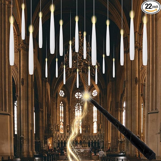 22 PCs Floating Candles with Wand Remote, Halloween Decorations Floating LED Taper Candles, Flickering Flameless Hanging Window Candles, 6.1" Magical Electric White Battery Operated