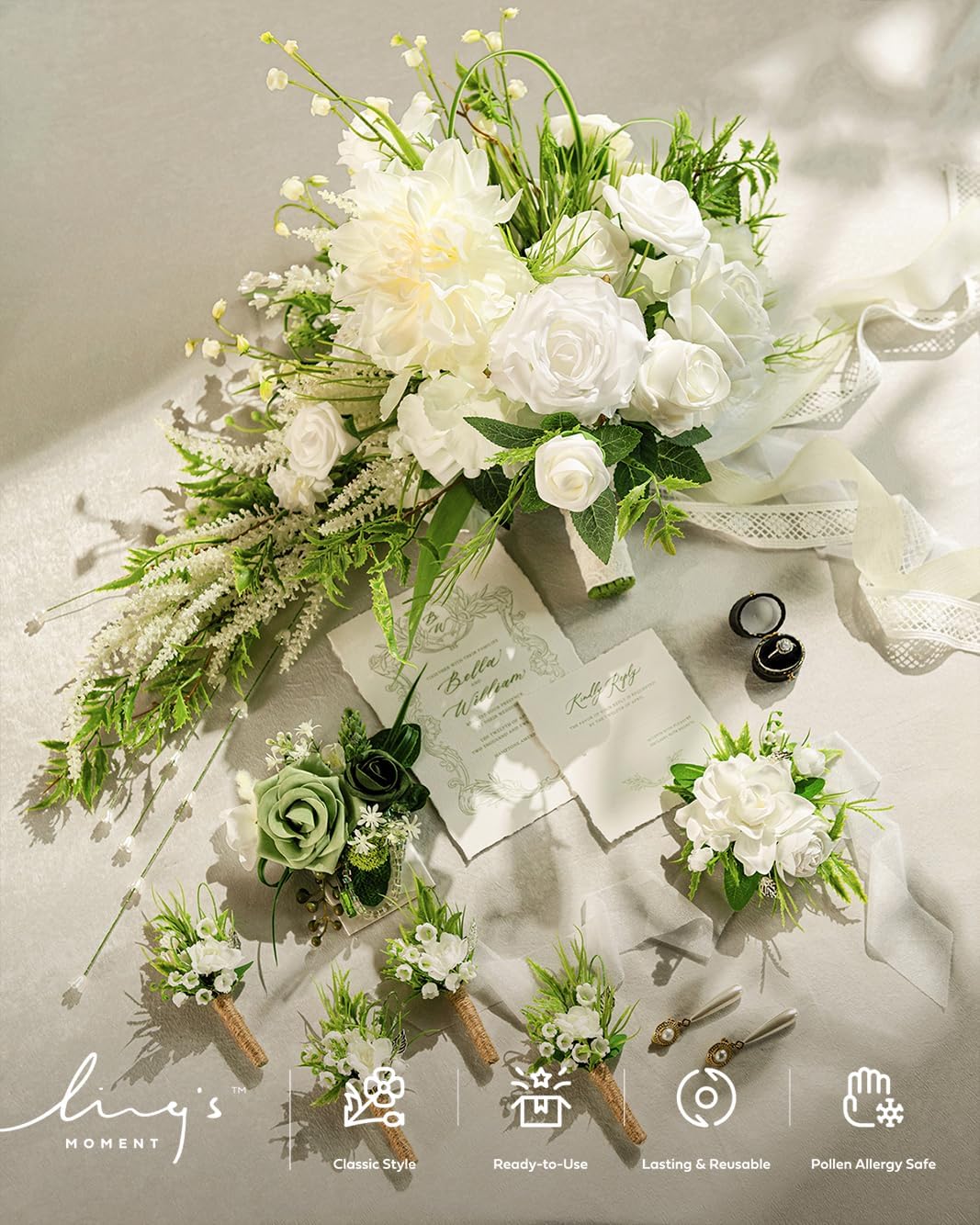 Ling's Moment Boutonniere for Men, 10pcs Groomsmen Guest Boutonniere, Artificial Flowers for Wedding Décor/Prom/Homecoming,etc.White Lily Valley