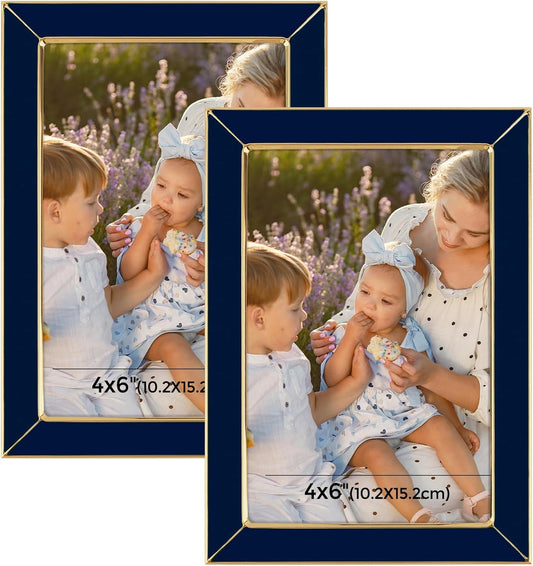 Frametory Enamel Picture Frame - 4x6 Gold Metal Edge Navy Blue Enamel Picture Frame With Easel and Velvet Back for Tabletop Display, Bookshelf, 4x6 Wall Decor, Photo Frames, Picture Display-2 Set