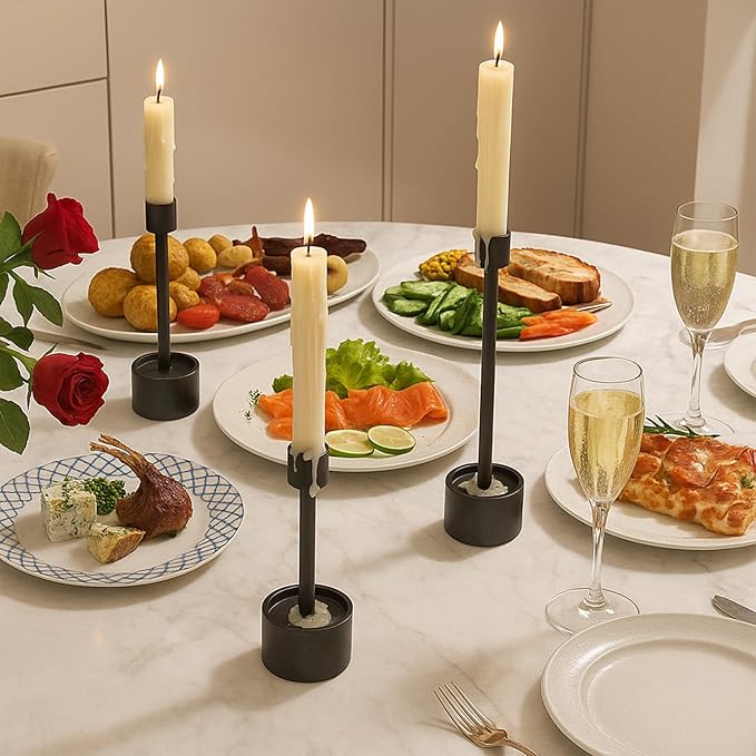 YUMORE Small Candle Holders - Pillar Candle Solid Stainless Steel Stands for Halloween, Wedding Centerpieces, Dining Table, Mantel Decor, Modern Farmhouse, Matte Black 3-Packs