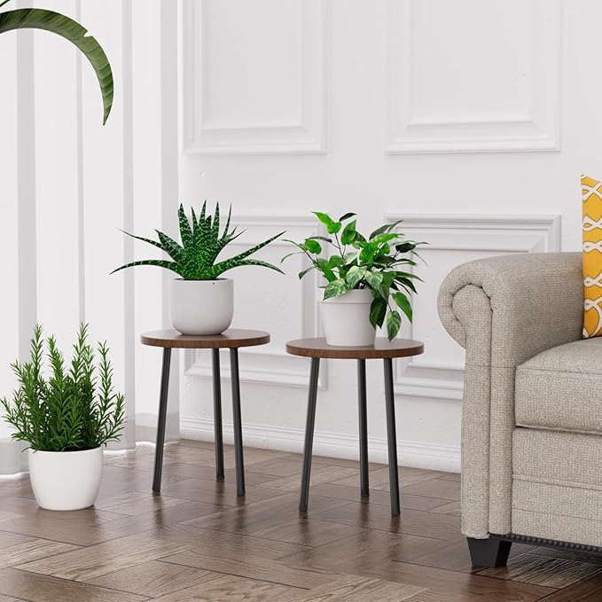 Plant Stand Indoor 2 Pack: Corner Wood 14 Inch Plant Stand Mid Century Modern Decor - Small Round Plant Table for Indoor Plants - Outdoor Plant Holder for Patio Living Room Bathroom Office (Walnut)