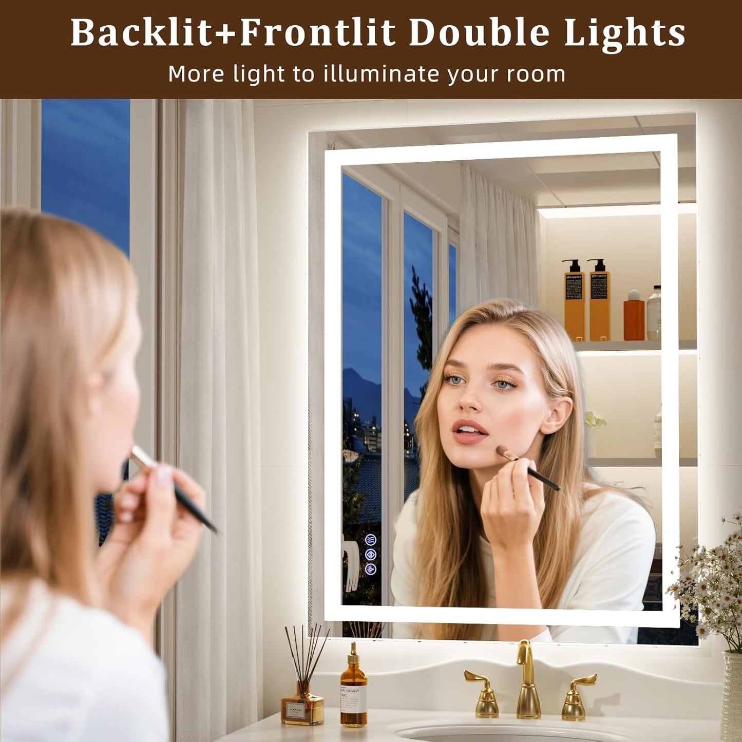 LED Bathroom Mirror with Lights, 36"x 24" Wall Mirrors with Anti-Fog, Dimmable, Backlit + Front Lit, 3 Color Modes, Memory Function Smart Mirror
