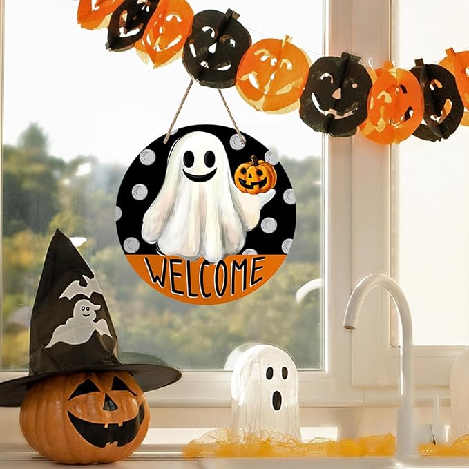 Welcome Halloween Spooky Ghost Front Door Sign, Scary Jack O Lantern Pumpkin Wood Hanger Outdoor Outside Porch Home Decor, Funny Polka Dots Wooden Wreath Indoor Wall Hanging Decoration