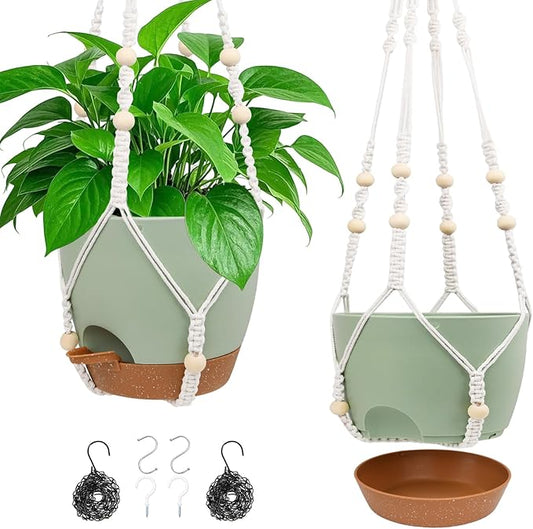 Hanging Planters for Indoor Outdoor Plants, 2 Pack Self Watering Hanging Pot with Drainage Holes, Removable Tray & 2 Kinds of Plant Hangers, 8'' Hanging Flower Pots for Home Garden Decor, Green