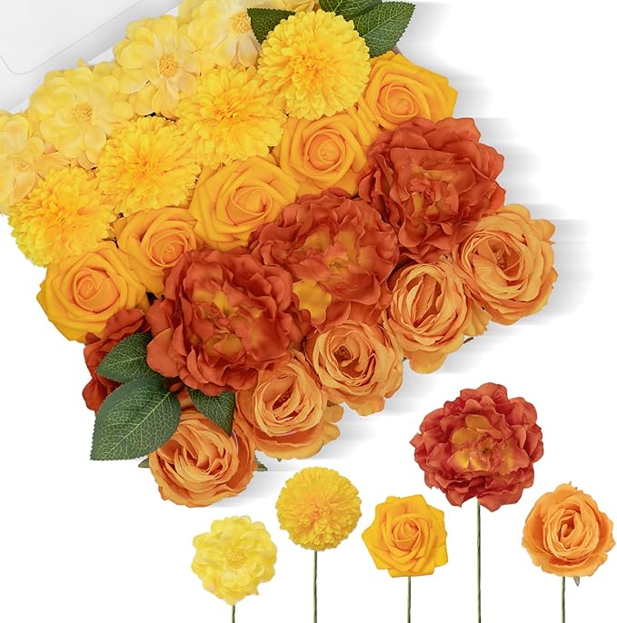 TINGE TIME Artificial Flowers Combo Set, Gradient Color Flower Leaf with Stems for DIY Wedding Bouquets Centerpieces Baby Shower Party Home Decorations(Yellow & Tangerine Orange)