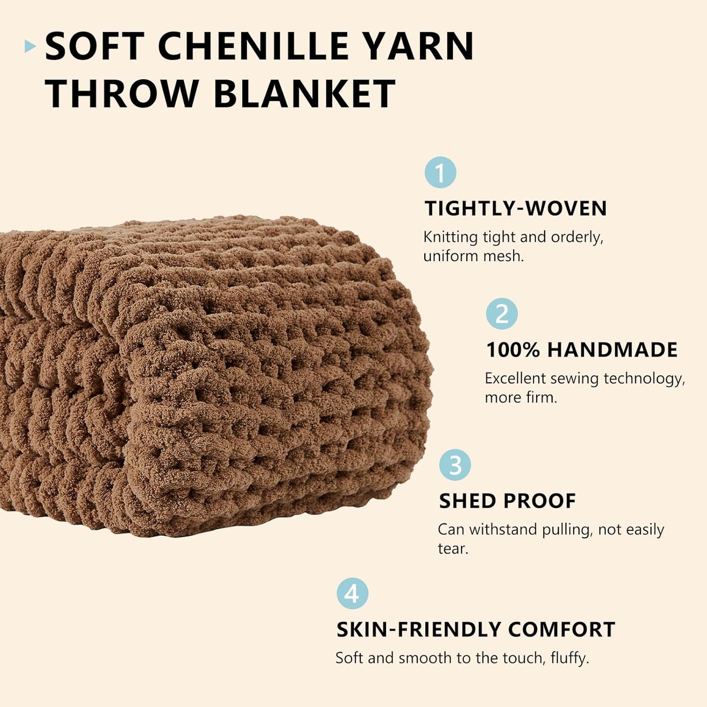 L'AGRATY Chunky Knit Blanket Throw: 50''x60'' Chenille Chunky Knitted Throw Blanket for Bed Couch - Handmade Thick Big Cable Knit Blanket - Large Chunky Crochet Rope Blanket for Home Decor(Brown)
