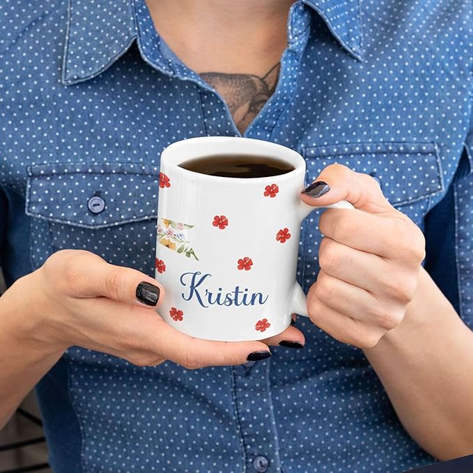 1PCS Personalized Name White Coffee Mug, Custom Floral Bow Full Wrap Cup 11oz or 15oz, Bow with Colorful Wildflowers on Ceramic Cup, Cute Spring-Inspired White Mug, Gifts for Her