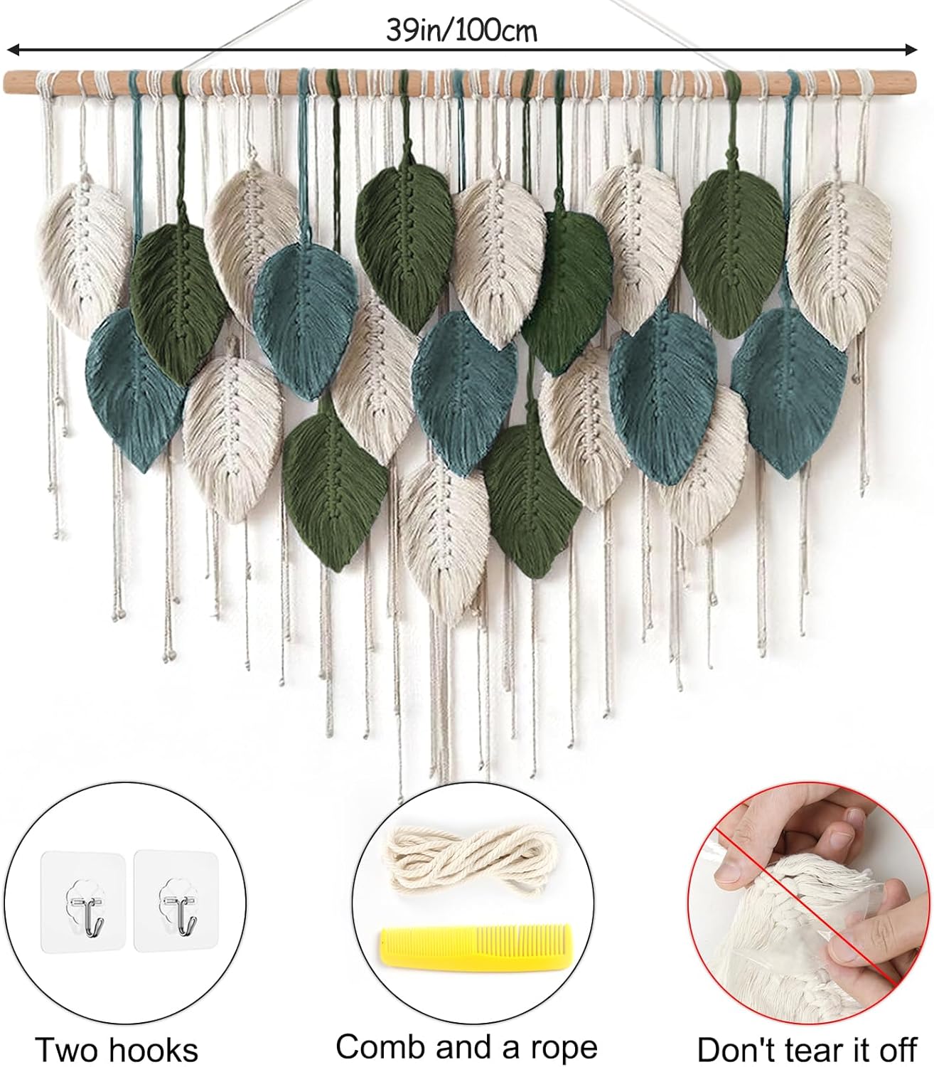 KHOYIME Macrame Wall Hanging Large Boho Home Decor, Bohemian Leaves Tapestry Modern Handmade Yarn Woven Feather Leaf Chic Wall Art Decorations for Bedroom Living Room Nursery Backdrop 39" W X 29.5" L