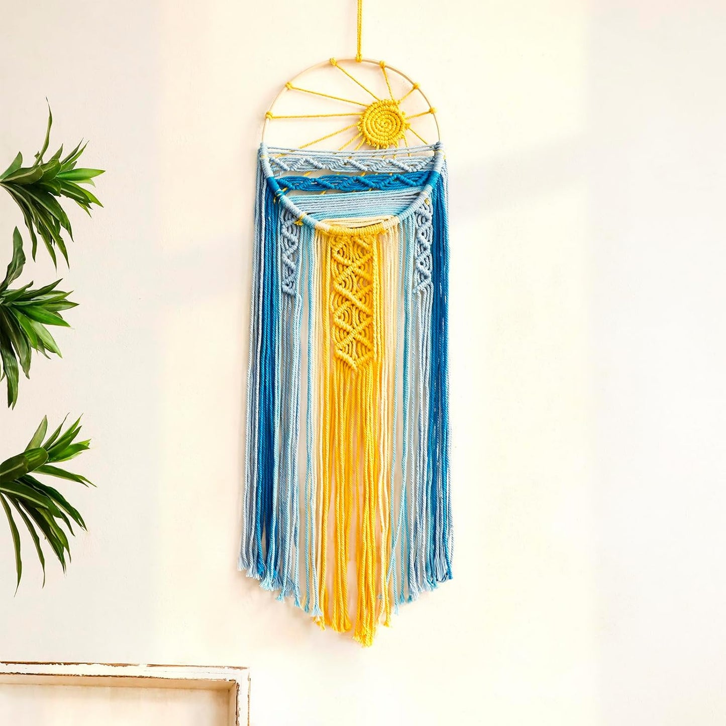 Mcrame Blue Sun Boho Wall Hanging Tapestry Sunset Art, Boho Woven Tapestry Big Dream Catcher Colorful Decor for Bedroom, Living Room, Nursery