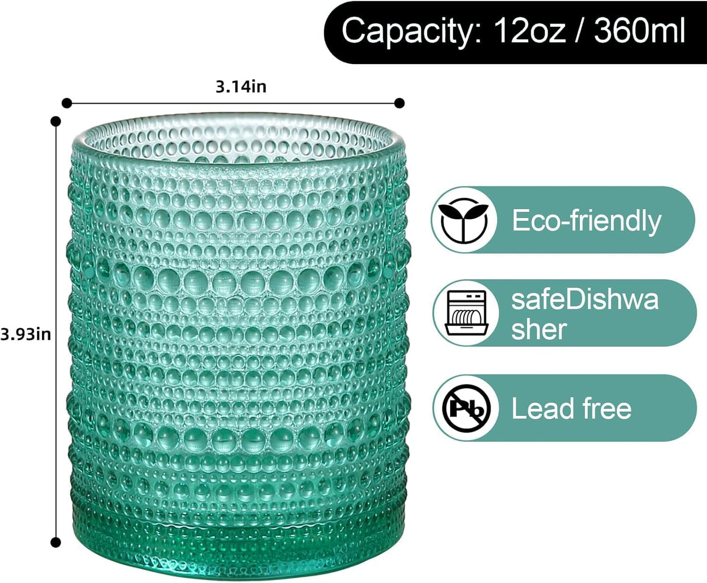 Colored Hobnail Drinking Glasses Set of 6,12oz Vintage Kitchen Glassware,Embossed Beaded Glass Cups,Water Tumbler for Cocktail,Juice and Various Mixed Drinks