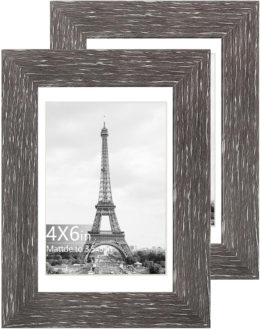 iRahmen 4x6 Picture Frame Set of 2 with HD Glass, Display Pictures 3.5x5 with Mat or 4x6 Without Mat, Rustic Wood Photo Frames for Wall Mount or Tabletop Display