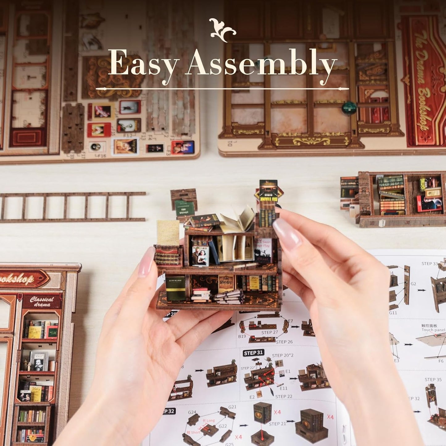 Fsolis Book Nook Kit, DIY Bookshelf Miniature Bookshelf Kit for Adults Tiny House 3D Puzzle Booknook Adult Craft Gifts for Women Teenagers Book Lovers (The Drama Bookshop)