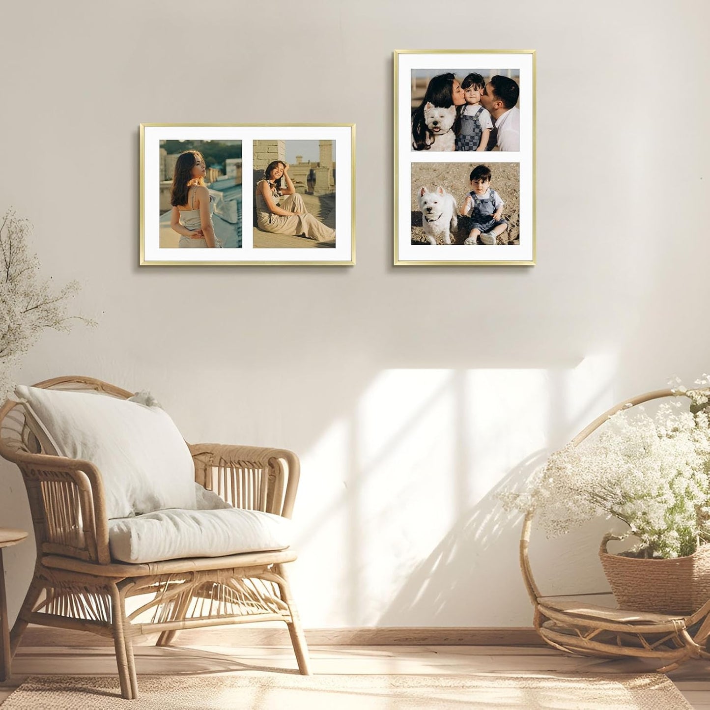 Frametory - 12x19 Aluminum Collage Picture Frame - Display 8x10 Pictures with 2 Openings Mat - Real Glass Front - Horizontal/Vertical Wall Mount - Gold 1 Pack