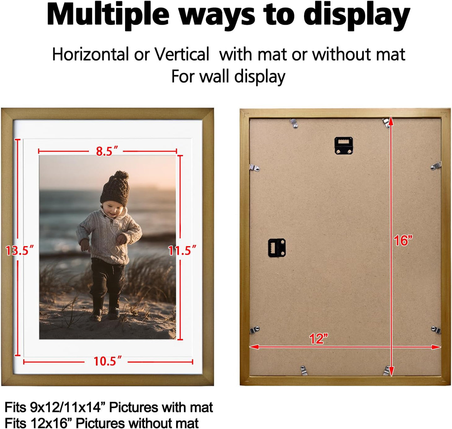 KINLINK 12x16 Picture Frame Brown, Solid Wood Frames with Acrylic Plexiglass for Pictures 11x14/9x12 with Mat or 12x16 without Mat,Wall Display Photo Frame, Set of 4